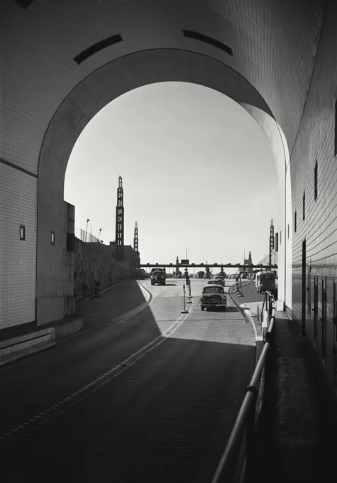 Vintage photograph. entrance to lincoln tunnel on the new jersey side with light traffic