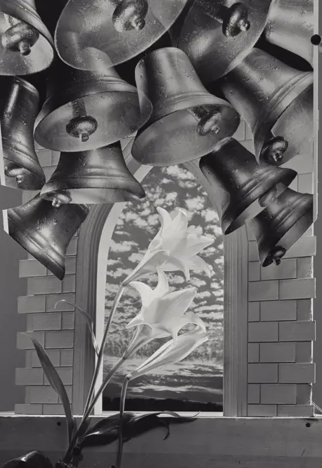 Vintage photograph. Lilies in front of Brick Arch Looking through to clouded sky with Bells at top