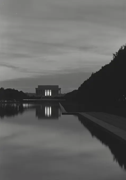 Vintage photograph. Twilight view of the Lincoln Memorial and reflection pool