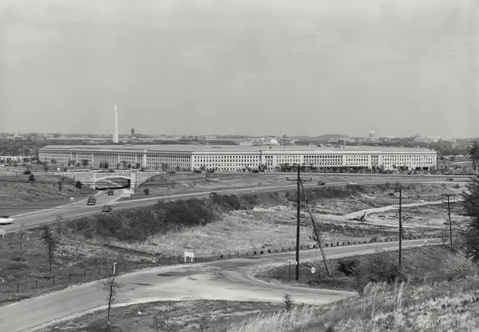 Vintage photograph. View of the Pentagon Building and surrounding area