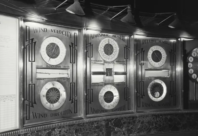 Vintage photograph. Gauges near the Standard time zone clock in the lobby of the N.Y. News Building