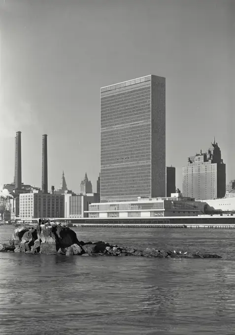 Vintage photograph. United Nations Building from East River, New York City