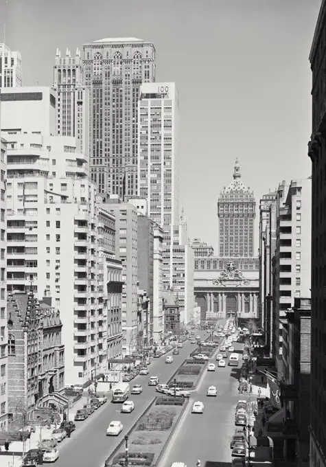 Vintage photograph. Park Avenue looking towards Grand Central Terminal, New York City