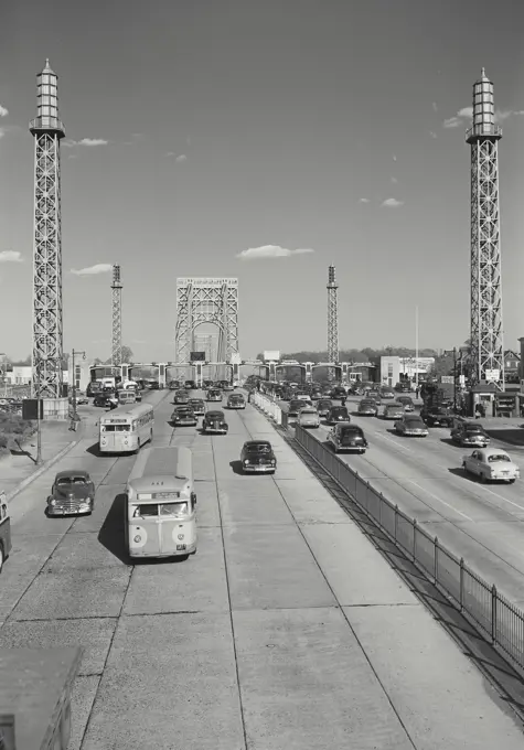 Vintage photograph. Traffic on the New Jersey approach of George Washington Bridge