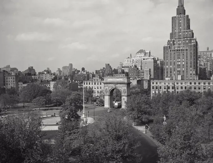 Vintage photograph. Wide view looking down onto Washington Square Arch in Washington Square Park