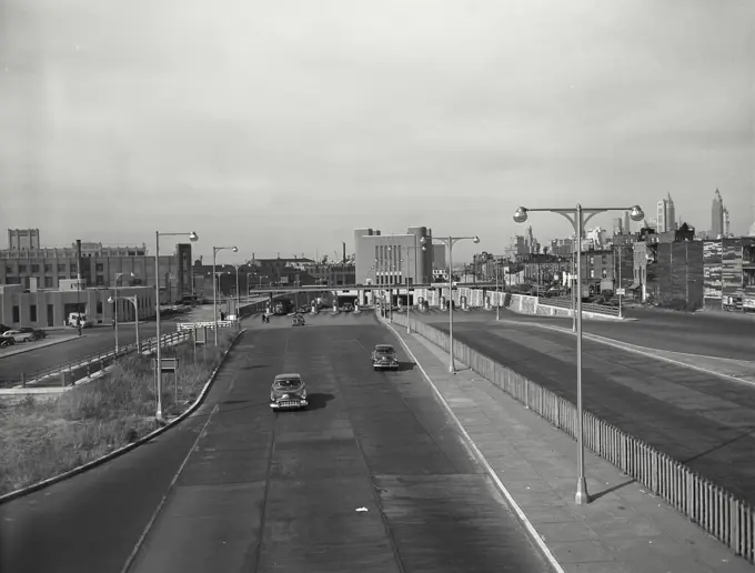 Vintage photograph. View of the Brooklyn Plaza and entrance, Brooklyn Battery Tunnel