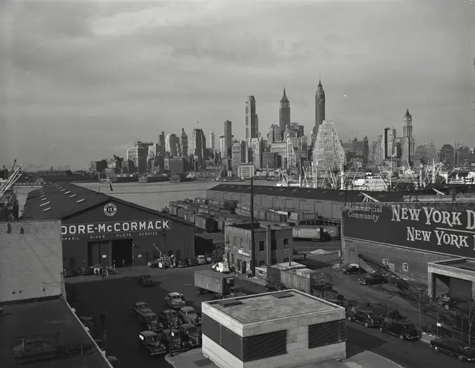 Vintage photograph. View of Lower Manhattan skyline from the Esplanade, a new scenic viewpoint in the Brooklyn Heights section of that borough