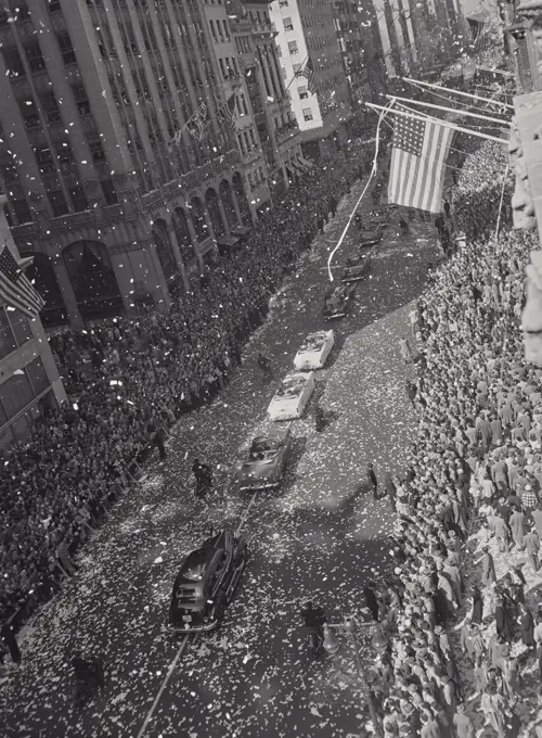 Vintage photograph. Wide shot of Famous New York City Ticker Tape Parade For MacArthur In 1951