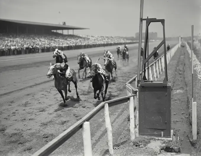 Vintage photograph. Racing at Aqueduct Race Track, Long Island