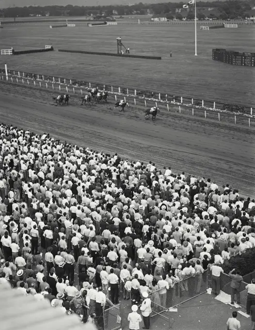 Vintage photograph. crowd watching race at aqueduct race track