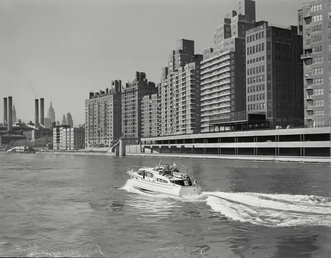 Vintage photograph. exclusive apartment buildings along the east river in the 70s