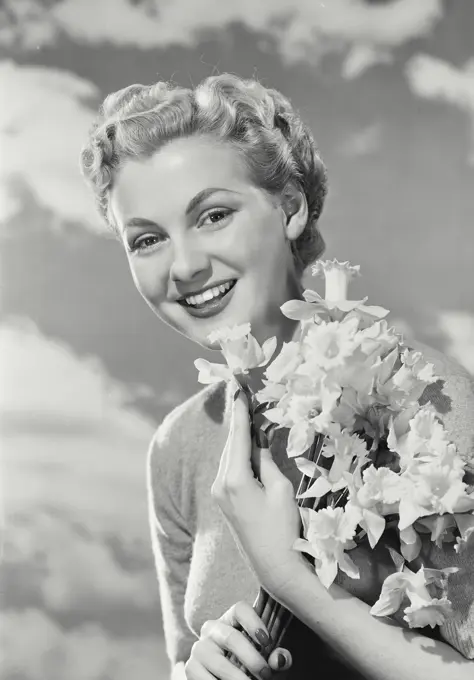 Vintage photograph. woman holding bouquet of flowers