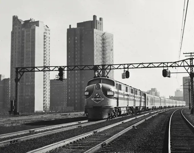 Vintage photograph. Illinois central daylight leaving Chicago. Runs between St. Louis and Chicago