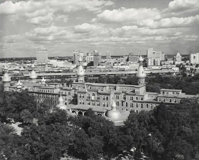 Vintage photograph. Tampa skyline as viewed over the unique Moorish minarets of the University of Tampa, once the plush Tampa Bay Hotel, play place of the nation's wealthy