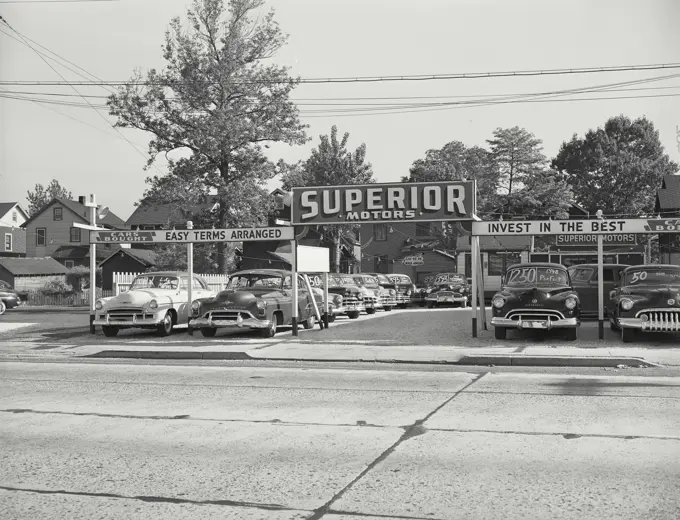 Vintage photograph. Used car lot