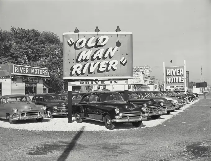 Vintage photograph. Used car lot