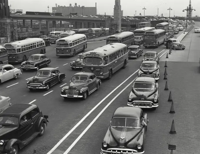 Vintage photograph. Cars and buses in traffic. Lincoln Tunnel, Weehawken, New Jersey