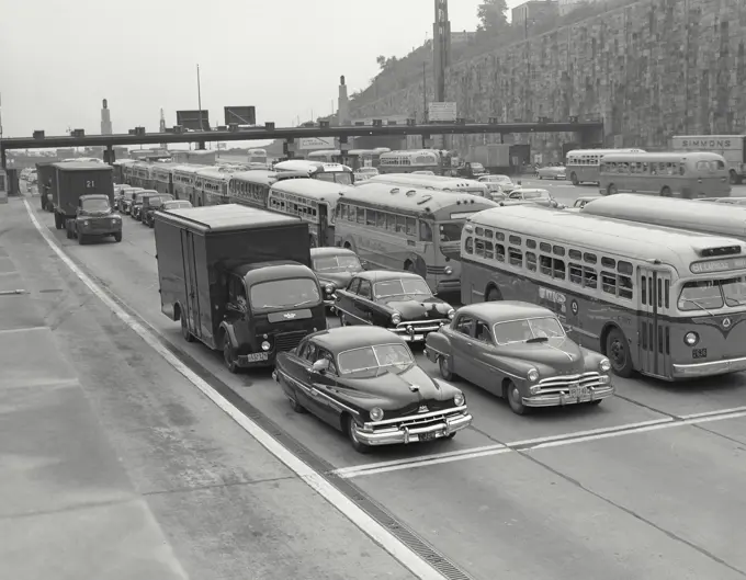 Vintage photograph. Cars and buses in traffic. Lincoln Tunnel, Weehawken, New Jersey 