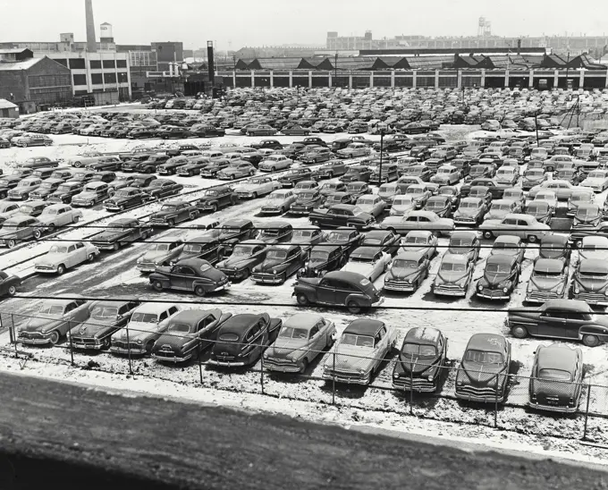 Vintage photograph. One of the parking lots maintained for employees of the Chrysler division, Chrysler corporation