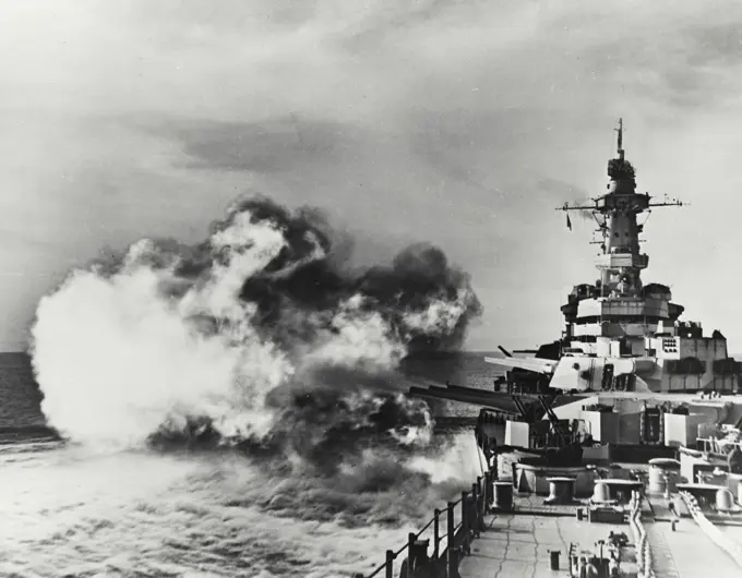 Vintage photograph. Main battery salvo aboard the USS Missouri