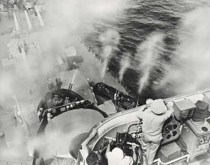 Vintage photograph. Anti-aircraft practice on USS Missouri