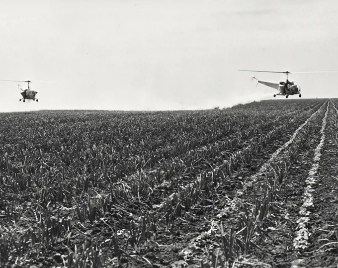 Vintage photograph. Bell helicopter performing Black fly fogging operations