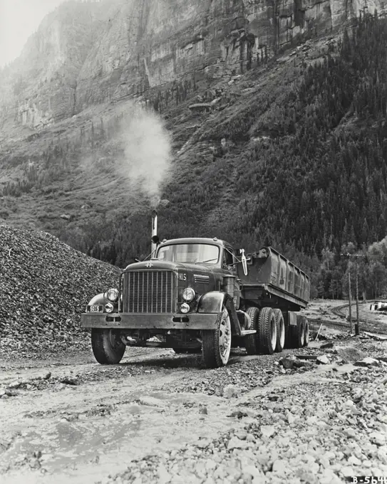 Vintage photograph. A giant diesel truck LFD-405 loads for use in the uranium bearing area