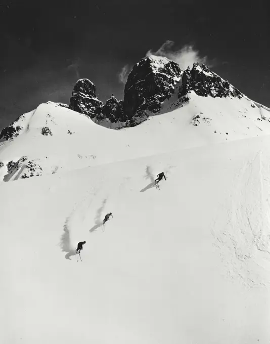 Vintage photograph. Skiing in Western Canada's ski area