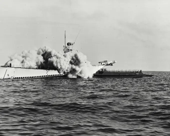 Vintage photograph. Missile being launched from submarine USS Carbonero (SS-337)