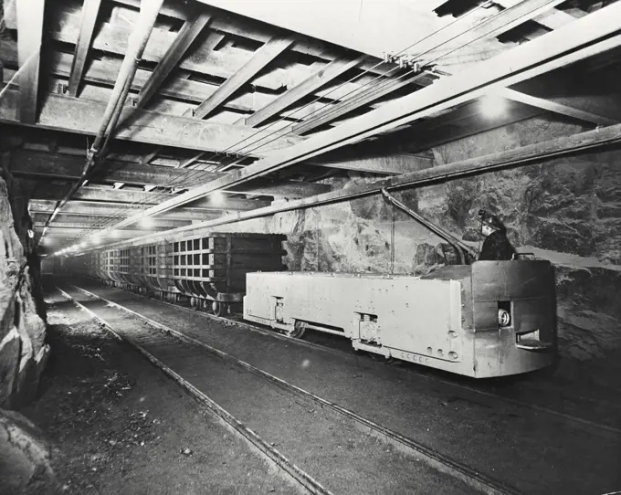 Vintage photograph. Trolley draws copper ore from one of the mines, Copper Cliff, Ontario, Canada