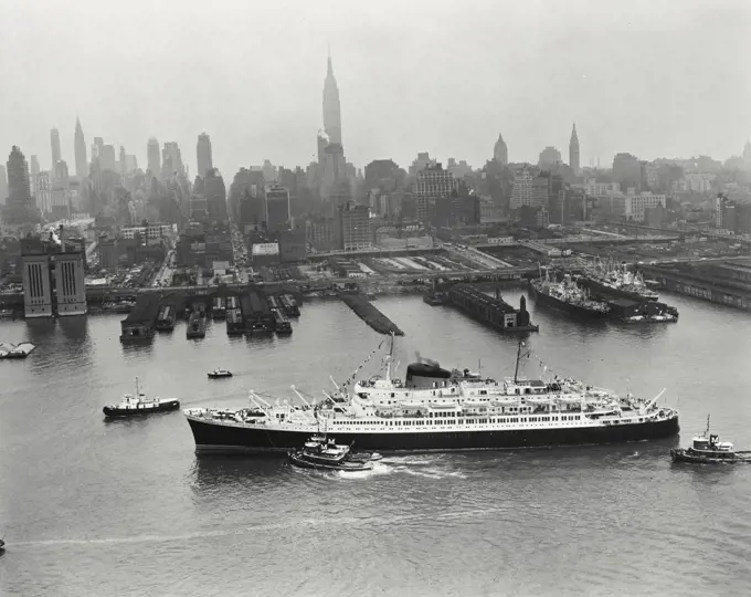 Vintage photograph. SS Flandres arriving in New York