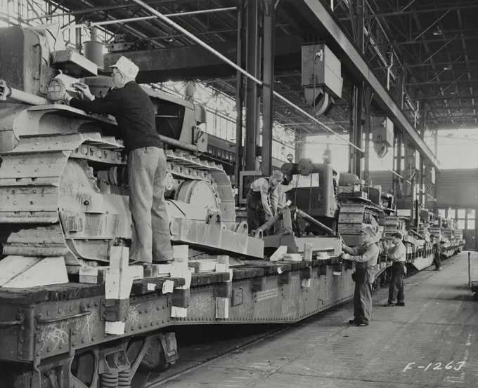 Vintage photograph. Shipping department of Caterpillar Tractor Company