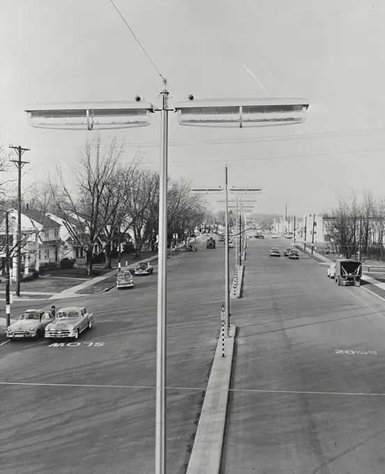 Vintage photograph. Six foot fluorescent street light in the Far Hills shopping center, Oakwood, Ohio