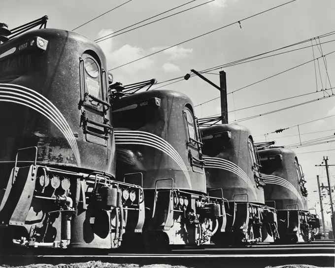 Vintage photograph. Four Pennsylvania electric engines, known as GG-1 on the line at Wilmington, Delaware maintenance shops