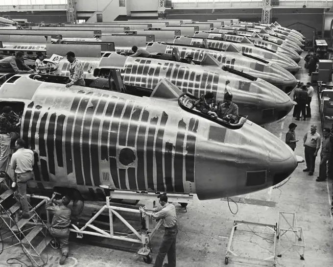 Vintage photograph. Assembly of forward sections of Boeing B-47 Stratojets at Wichita, Kansas