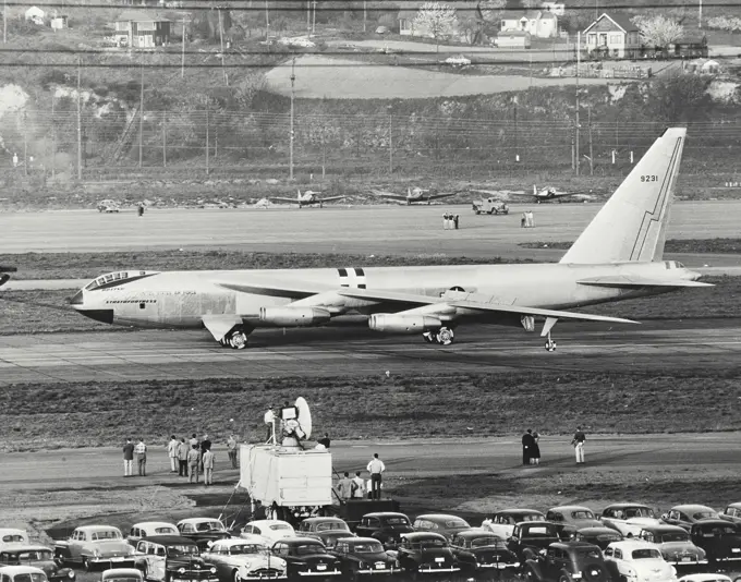 Vintage photograph. The Boeing YB-52 Stratofortress just after touching down at Boeing Field, Seattle, Washington