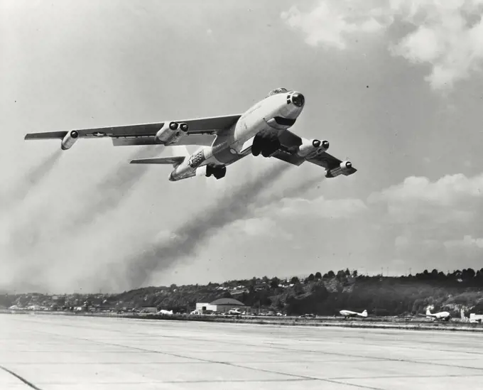 Vintage photograph. Boeing B-47 Stratojet takes off from Boeing Field, Seattle Washington