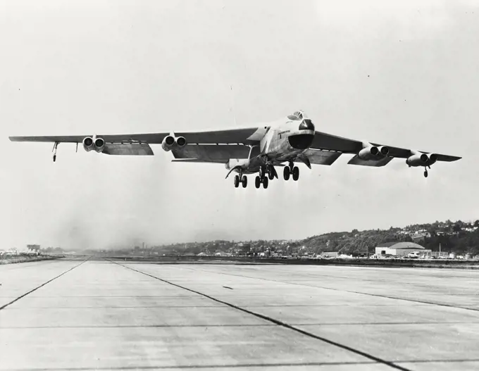 Vintage photograph. Boeing YB-52 Stratofortress takes off from Boeing Field, Seattle, Washington