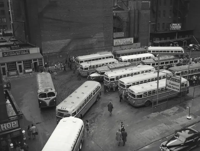 Vintage photograph. Bus terminal