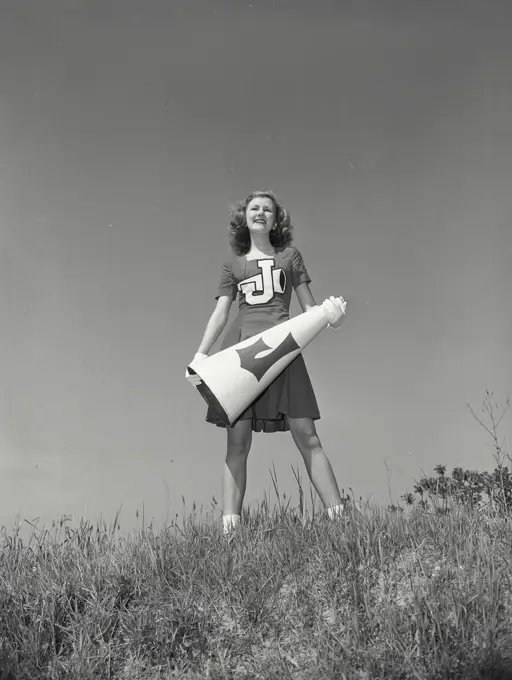 Vintage photograph. Cheerleader holding megaphone outside