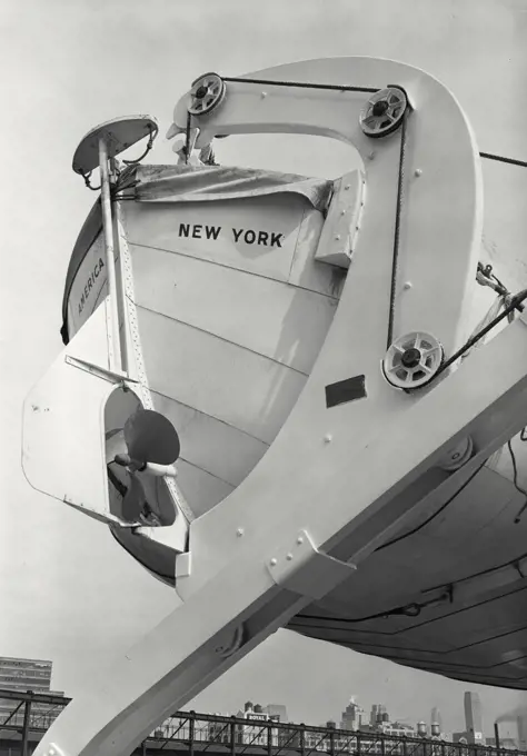 Vintage photograph. Life boats and davits on SS America