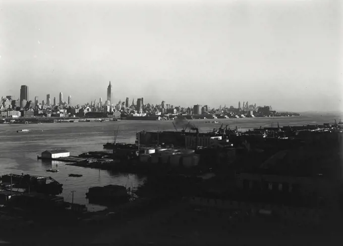 Vintage photograph. Manhattan skyline viewed from New Jersey.