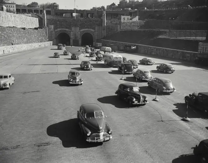 Vintage photograph. Cars entering and exiting Lincoln Tunnel