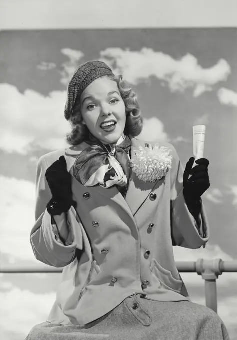 Vintage photograph. Woman in hat and coat holding paper