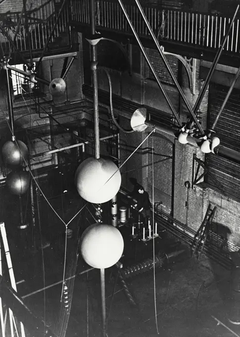 Vintage photograph. The sphere gap and the bus bar arrangements in High Voltage Laboratory, Queen Mary College, England