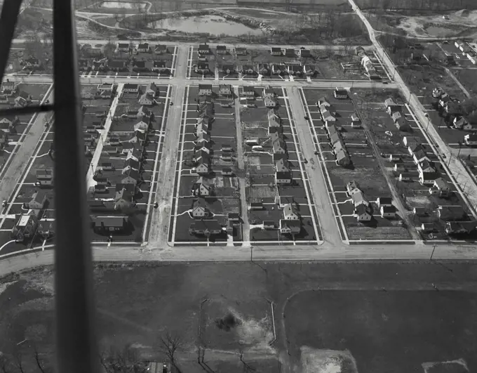 Aerial view of Richmond, Indiana showing a new housing project finished in 1945. It is owned by individuals and the Richmond Property Group