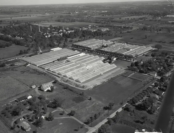 Aerial view of Richmond, Indiana. On the left is the EG Hill Company, rose growers. ON the right is Jos H Hill Company, also rose growers. In the distance is the Eastern Indiana Hospital for the Insane
