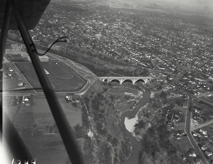 Aerial view of Richmond, Indiana showing the South "G" bridge over the Whitewater River. The road on the right is US highway 27