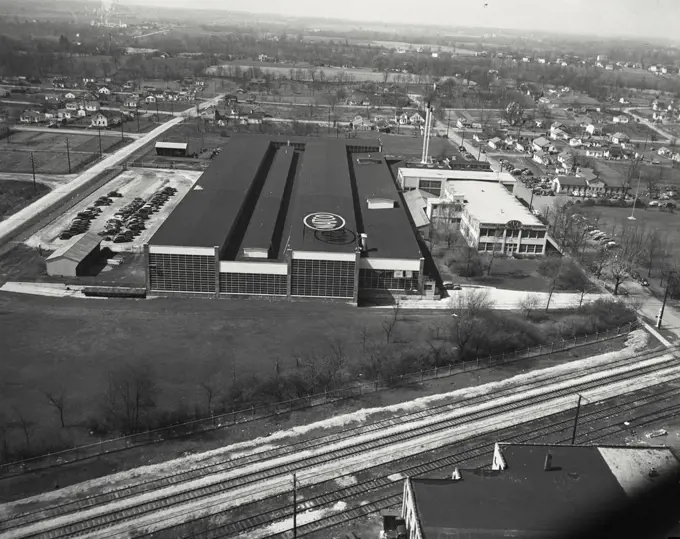 Aerial view of Richmond, Indiana showing NATCO building, National Automatic Tool Company, and the Chesapeake and Ohio Railroad at angle
