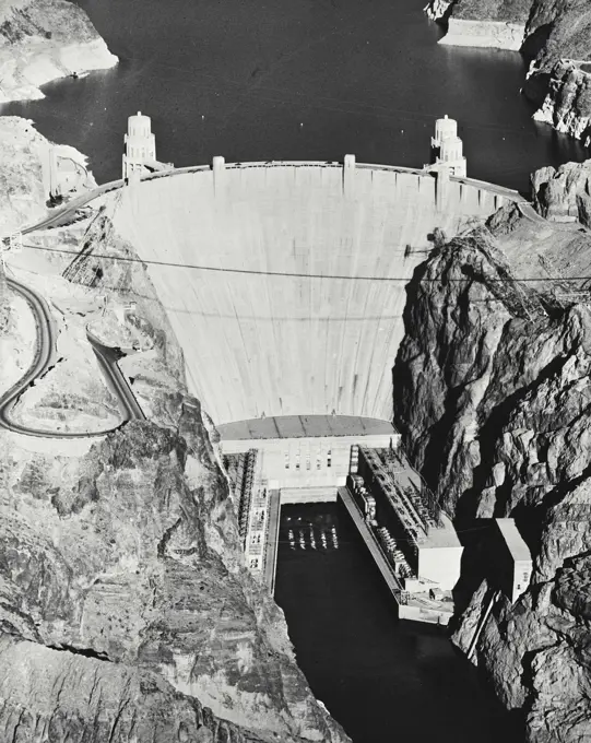 Vintage photograph. Aerial view of the Hoover Dam (Boulder) and powerhouse